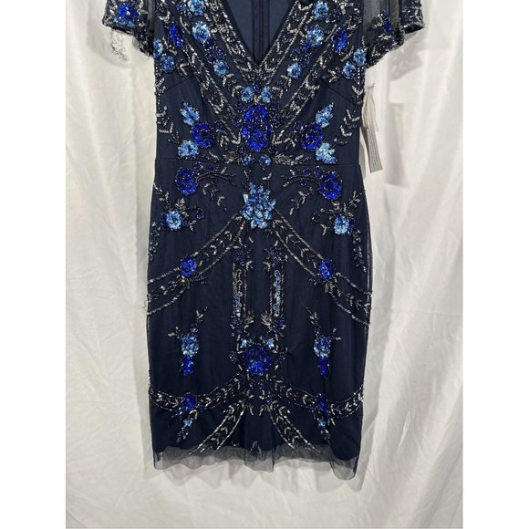 NWT $372 Aidan Mattox [ 0‎ ] Embellished V-Neck Cocktail Dress in Twilight BLUE - Picture 6 of 13